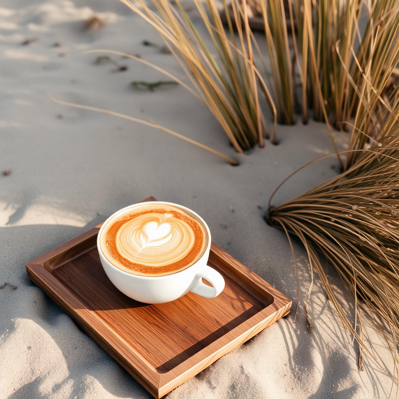 Cappuccino op een houten dienblad in het zand